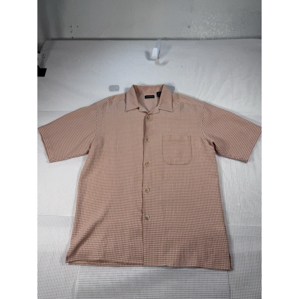 George Mens Medium Short Sleeve Button Front Shirt Peach White Check Casual M